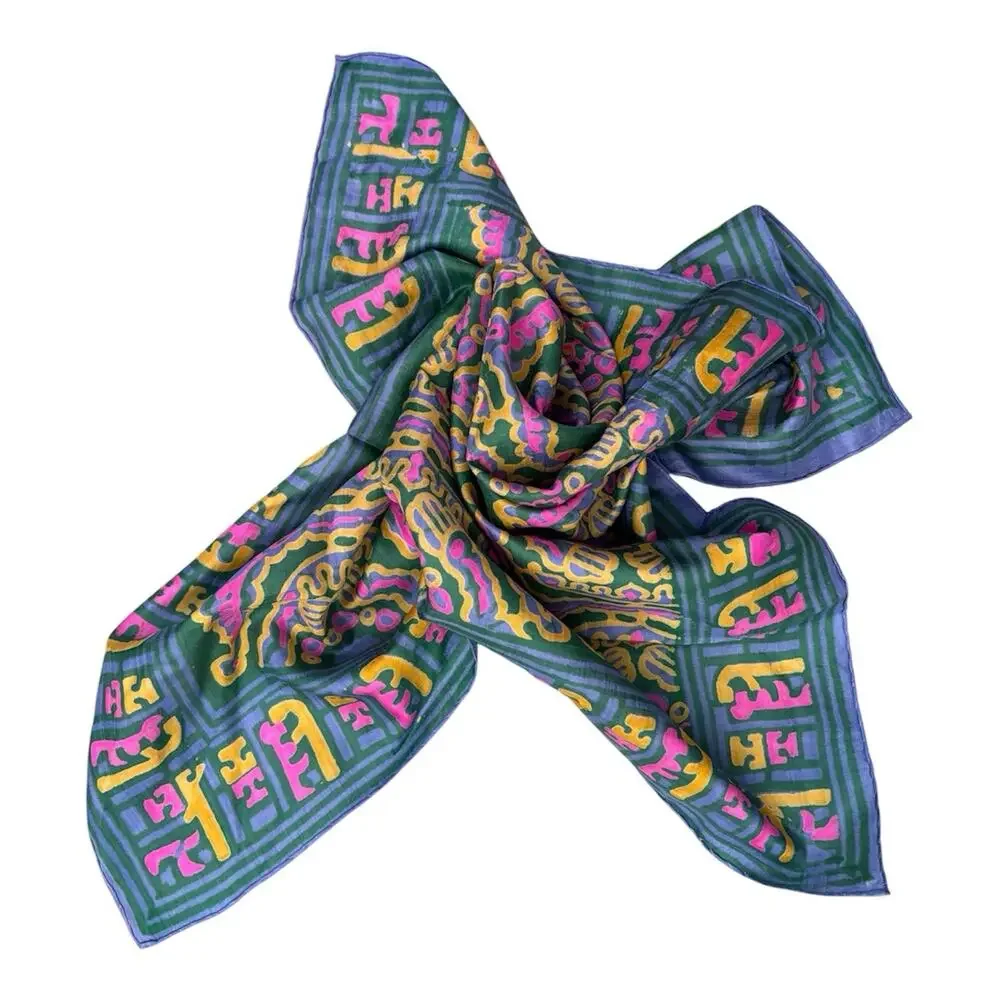 Ethnic Silk Scarf Green Pink Blue Yellow Abstract Aztec Incan Print Square 21” - Picture 3 of 4
